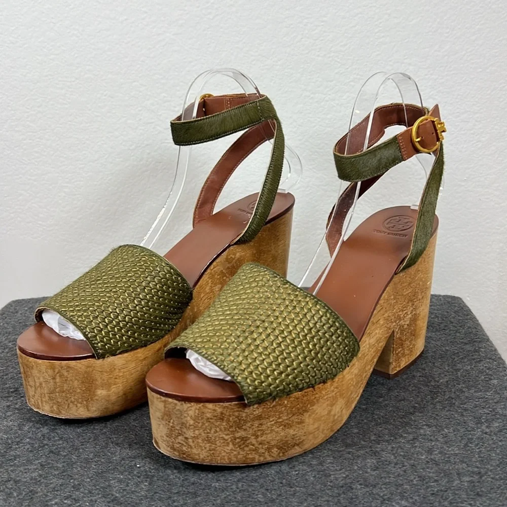 Tory Burch Olive Woven Platform Sandals with Wood-Effect Heel